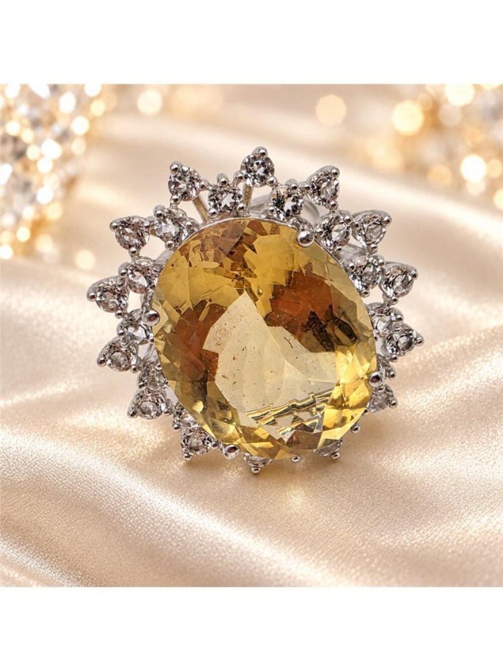 Large Oval Citrine White Topaz Floral Halo 925 Sterling Silver Ring Size 8